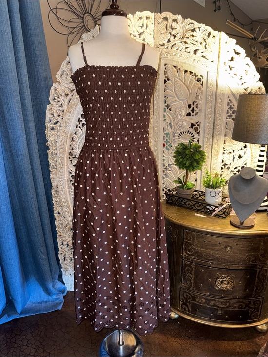 Sim & Sam Dresses & Skirts - Smocked Brown Polka Dot Midi Dress with Spaghetti Straps 
P2P 15” lying flat
